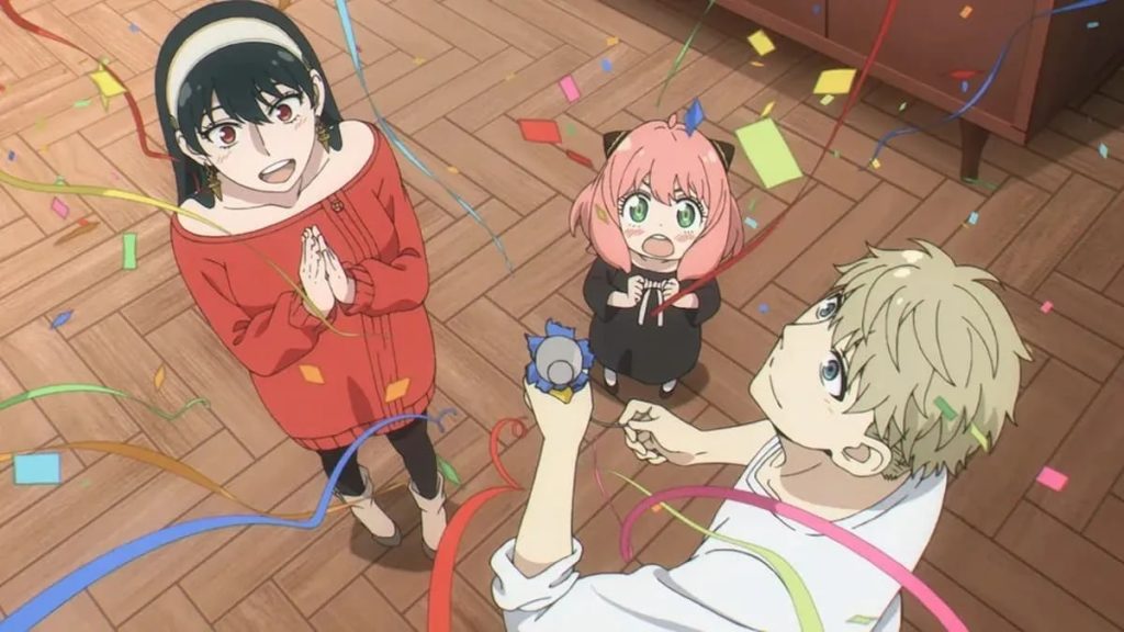 Spy x Family anime screenshot depicting the Forger family celebrating Anya getting into Eden Academy.