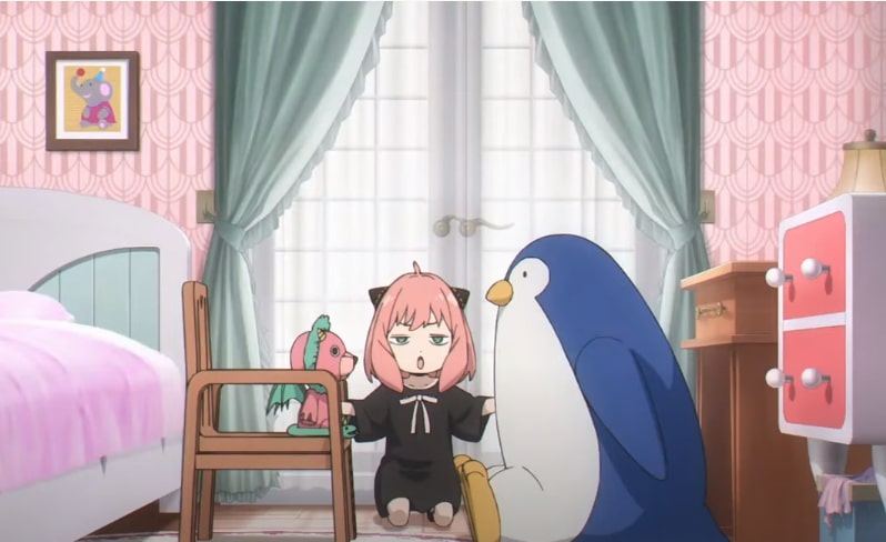 Spy x Family anime screenshot depicting Anya talking with her chimera and penguin plushies.