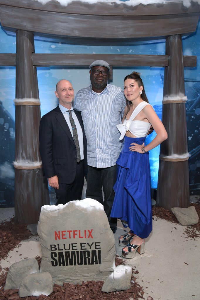 LOS ANGELES, CALIFORNIA - NOVEMBER 01: (L-R) Michael Green, Netflix Head of Adult Animation Jermaine Turner, and Amber Noizumi attend Netflix's "Blue Eye Samurai" LA Tastemaker at the Japanese American National Museum on November 01, 2023 in Los Angeles, California. (Photo by Charley Gallay/Getty Images for Netflix)
