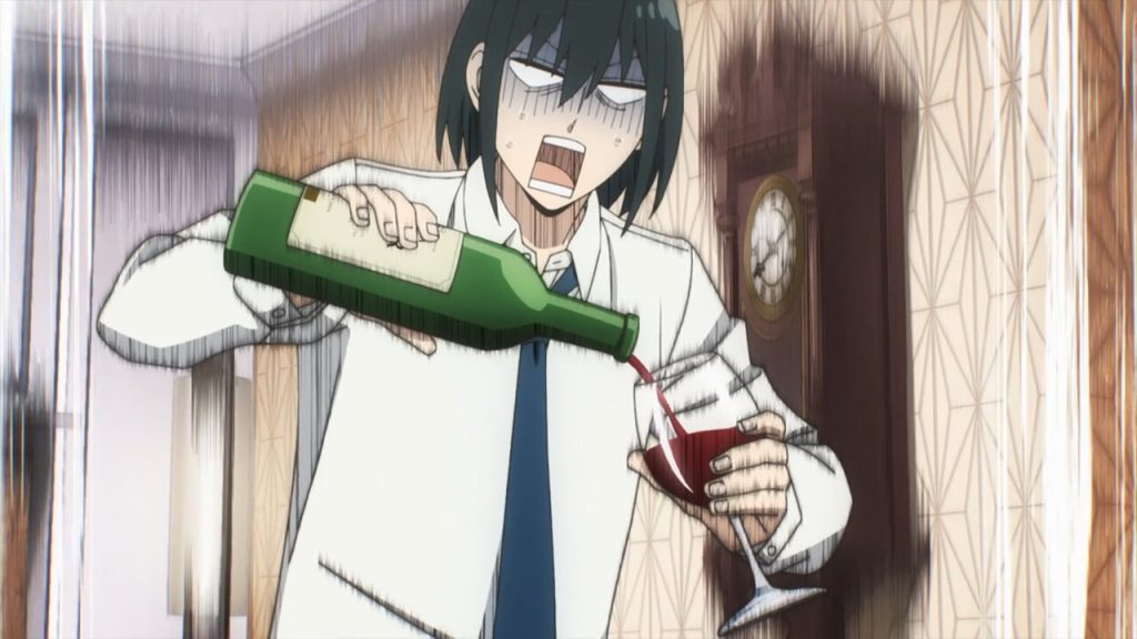 Spy x Family anime screenshot depicting Yuri screaming while chugging wine.