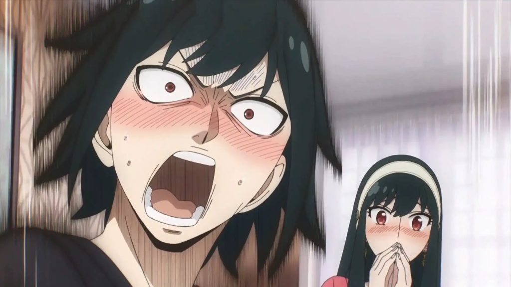 Spy x Family anime screenshot depicting Yuri screaming with an embarrassed Yor in the background.
