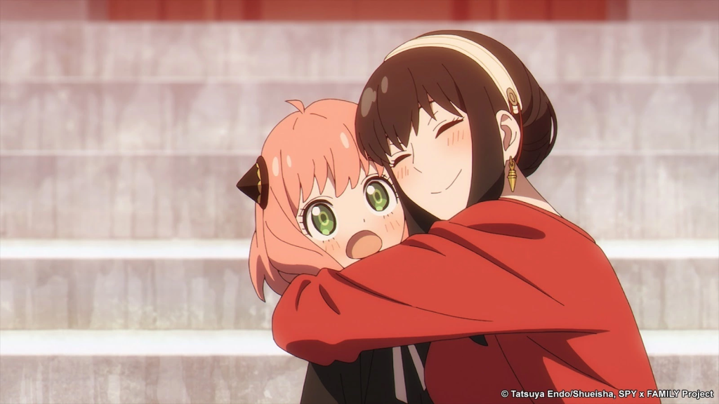 Spy x Family anime screenshot depicting Anya being hugged by Yor.