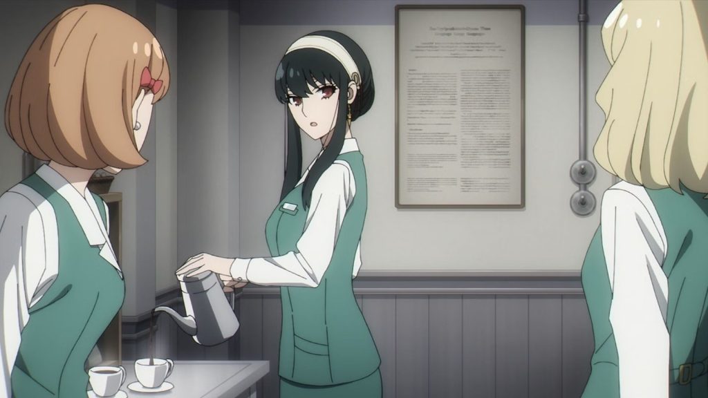 Spy x Family anime screenshot depicting Yor pouring coffee in her office worker outfit.