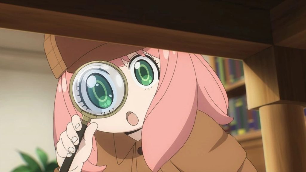 Spy x Family screenshot showing Anya peeking through a magnifying glass in her detective outfit.