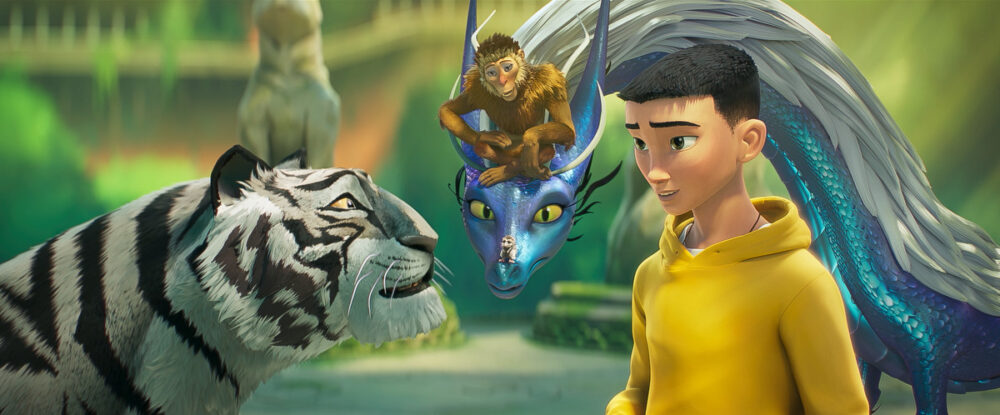 The Tiger's Apprentice banner image showing Tom talking with Tiger with Dragon and Monkey looking on.