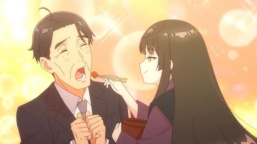 Sasaki and Peeps Ep. 6 "Interview and Wine and Dine" screenshot showing Hoshizaki's daydreams about Shizuka feeding an umeboshi to Sasaki.
