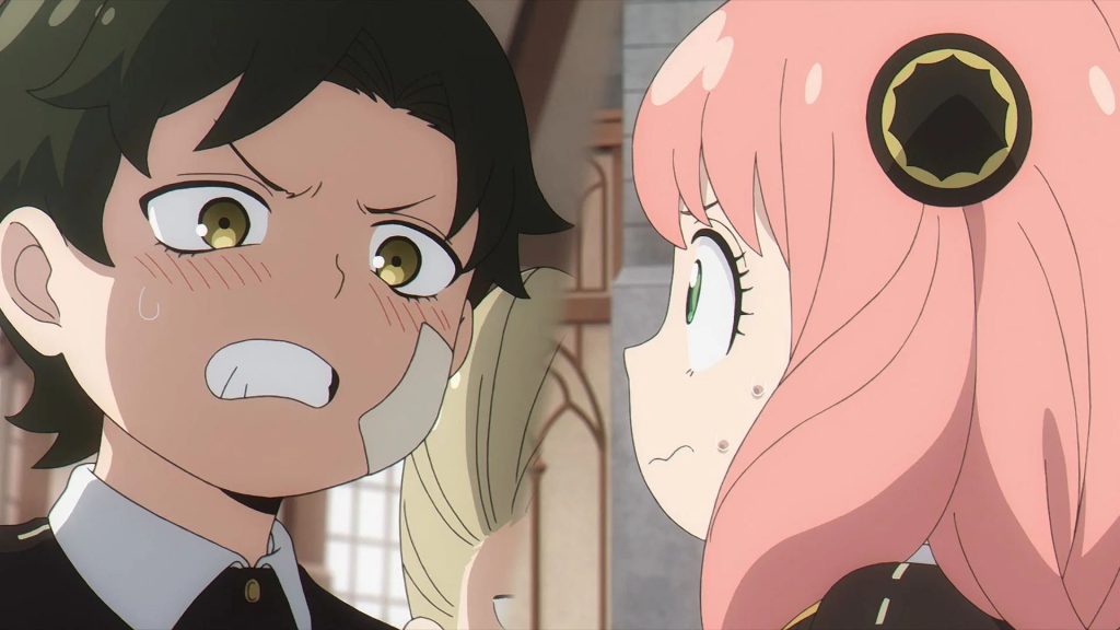 Spy x Family anime sreenshot showing furiously blushing at an unnerved Anya.