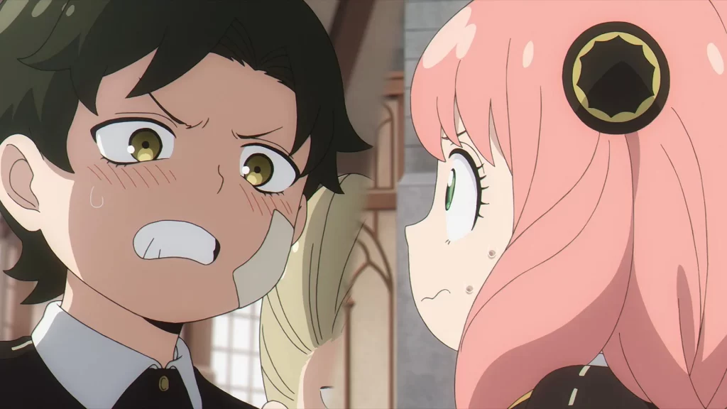 Spy x Family anime screenshot showing Damian being tsundere towards a nervous Anya.