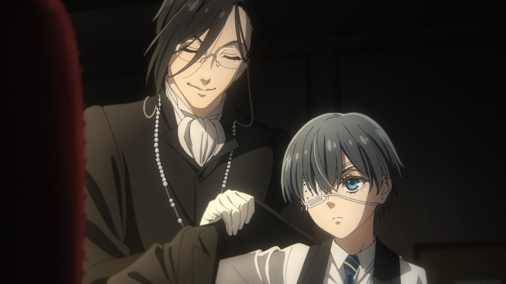 Black Butler -Public School Arc- Ep. 2 "His Butler, in Disguise" screenshot showing Sebastian helping Ciel with his coat.
