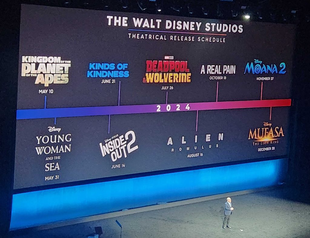 Walt Disney Studios 2024 theatrical release timeline, as displayed at CinemaCon 2024