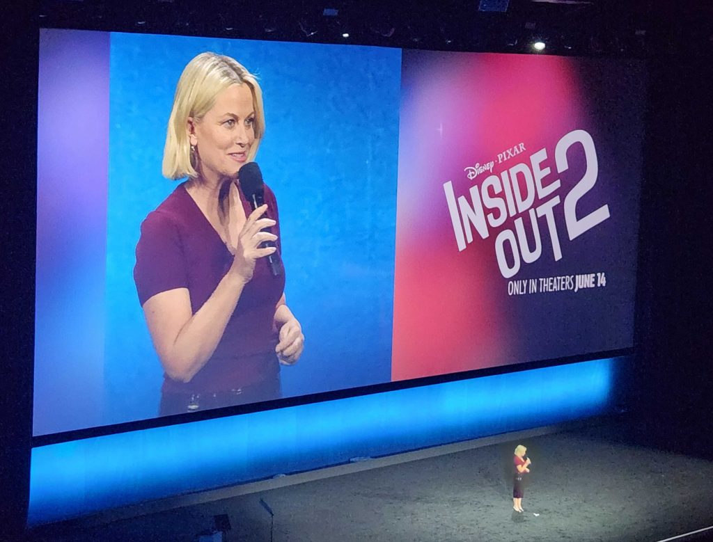 Amy Poehler on stage at CinemaCon 2024 during the Disney Studio presentation to introduce 'Inside Out 2'