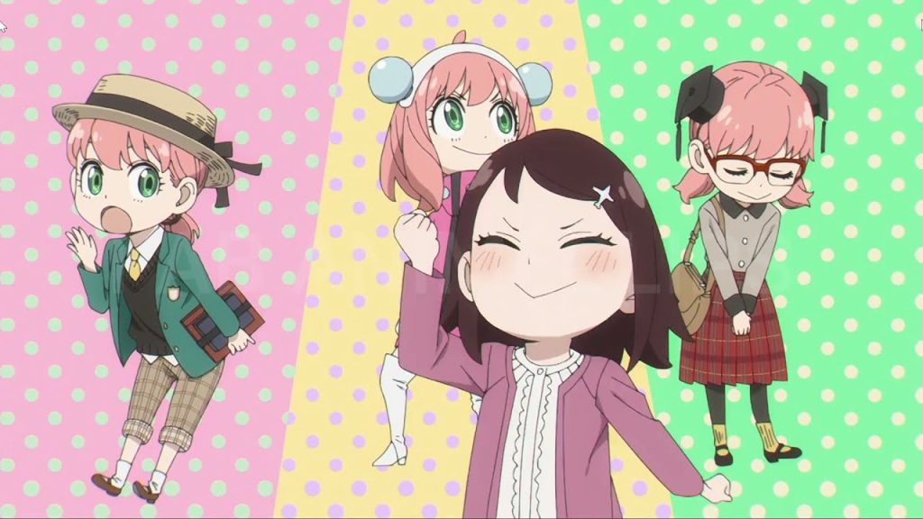 Spy x Family anime screenshot showing Becky cheering on Anya's dress tryouts.