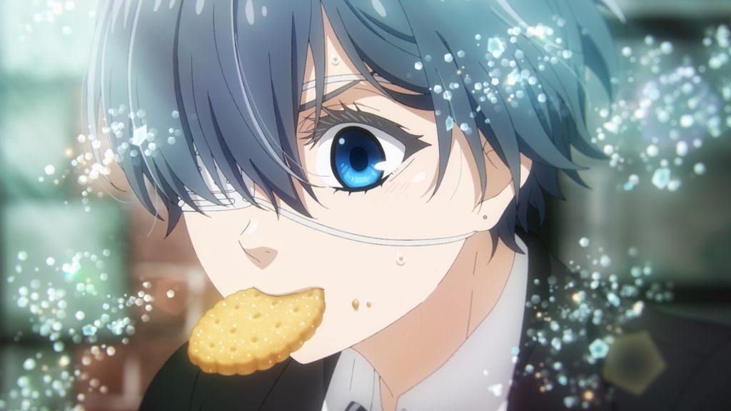 Black Buter -Public School Arc- Ep. 1 "His Butler, at School" screenshot showing Ciel running with a biscuit in his mouth.