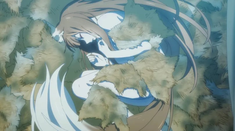 Spice and Wolf: MERCHANT MEETS THE WISE WOLF Ep. 1 "The Harvest Festival and The Crowded Driver's Box" screenshot showing Holo sleeping in Lawrence's cartful of furs.