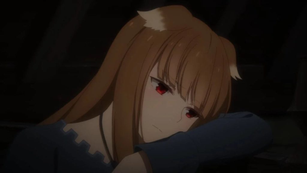 Spice and Wolf: MERCHANT MEETS THE WISE WOLF Ep. 4 "Romantic Merchant and Moonlit Farewell" screenshot showing a sad Holo.