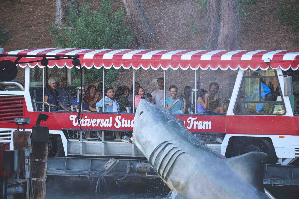 The Jaws shark jumps at the Universal Studios 60th Anniversary Studio Tour Glamor Tram