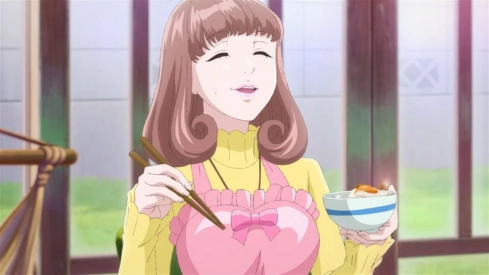 Astro Note Ep. 1 screenshot showing Mira enjoying one of Takumi's dishes: what looks like egg on rice.