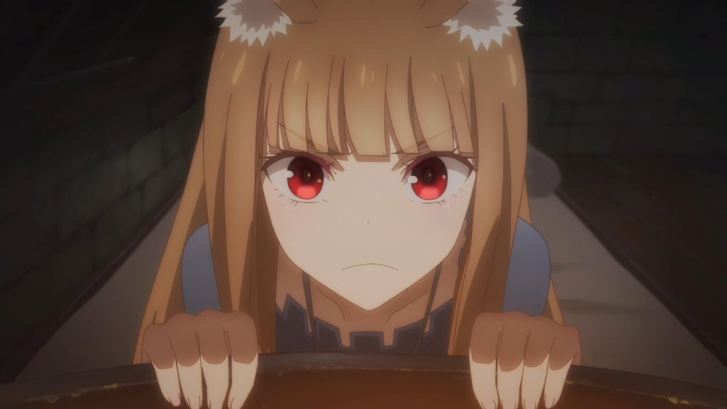 Spice and Wolf: MERCHANT MEETS THE WISE WOLF Ep. 2 "Mischievous Wolf and No Laughing Matter" showing a slightly angry Holo.