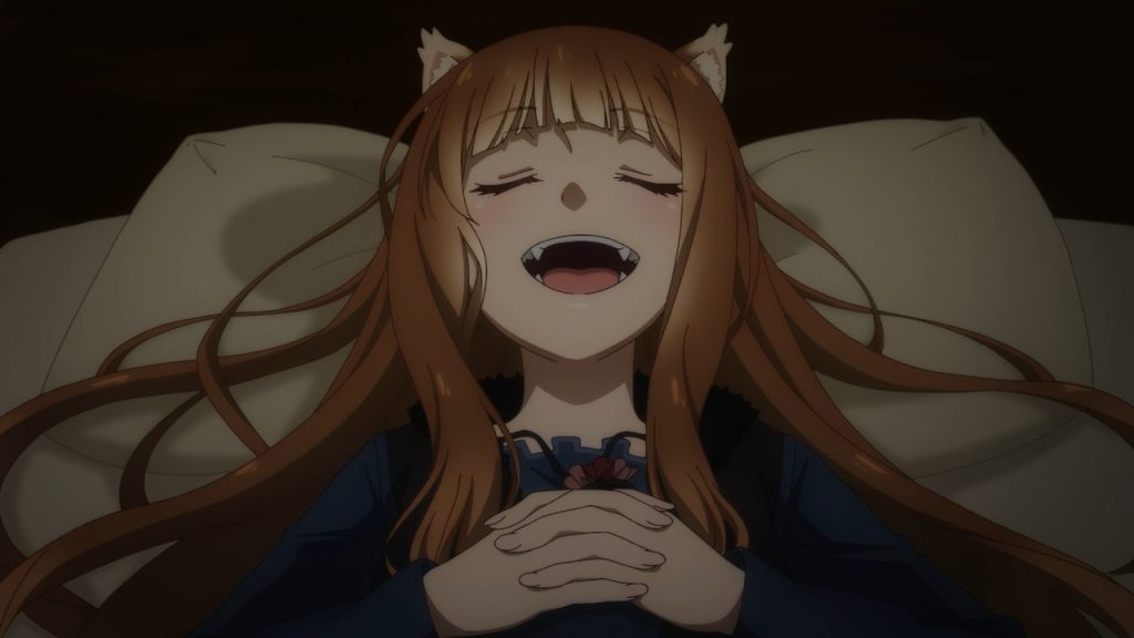 Spice and Wolf: MERCHANT MEETS THE WISE WOLF Ep. 3 "Port Town and Sweet Temptation" screenshot showing a very satisfied Holo after devouring a whole bunch of apples.