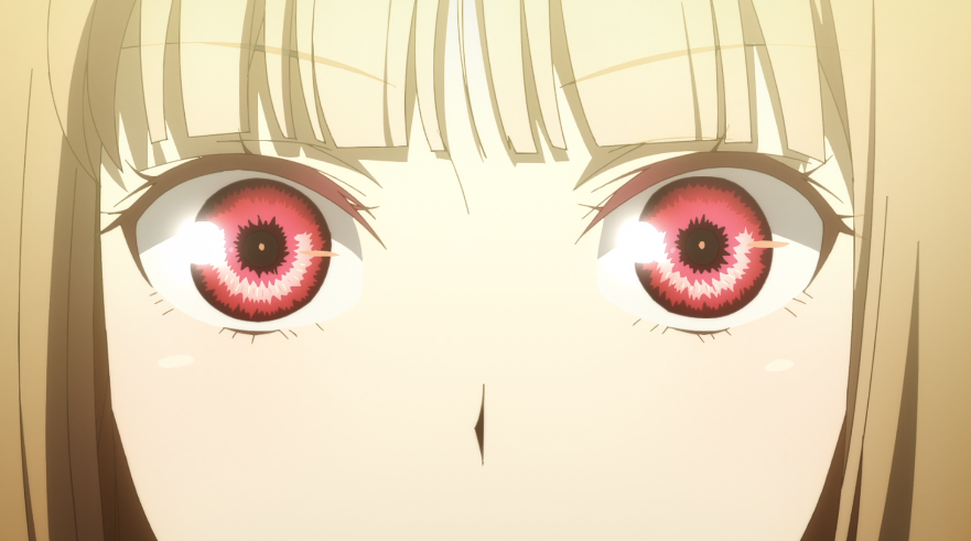 Spice and Wolf: MERCHANT MEETS THE WISE WOLF Ep. 6 "Merchant and Unreasonable God" screenshot showing Holo's eyes as she begins to turn back into a wolf.
