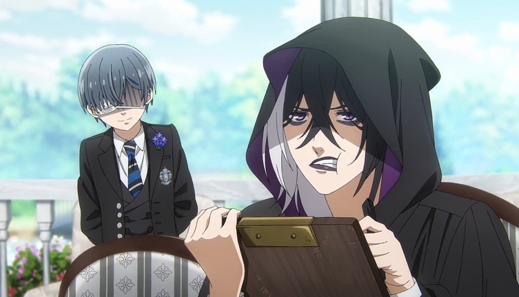 Black Butler -Public School Arc- Ep. 4 "His Butler, Colluding" screenshot showing Gregory Violet pouting while Ciel is looking disturbed in the background.