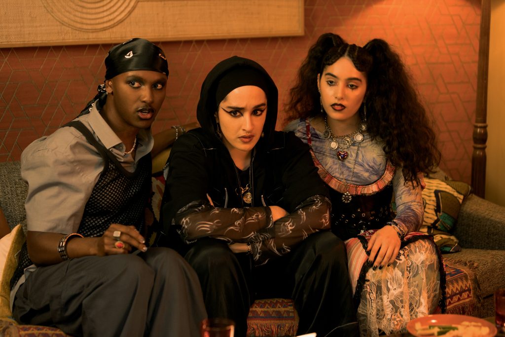 (l-r) Bradley Banton as Ali, Juliette Motamed as Ayesha, Eman Alali as Farah -- (Photo by: Saima Khalid/Peacock/NBC Internatiional/C4)