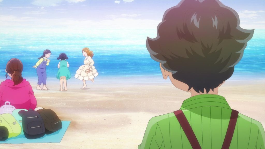 Astro Note Ep. 5 screenshot showing Ren watching a pretty girl from his class playing on the beach.