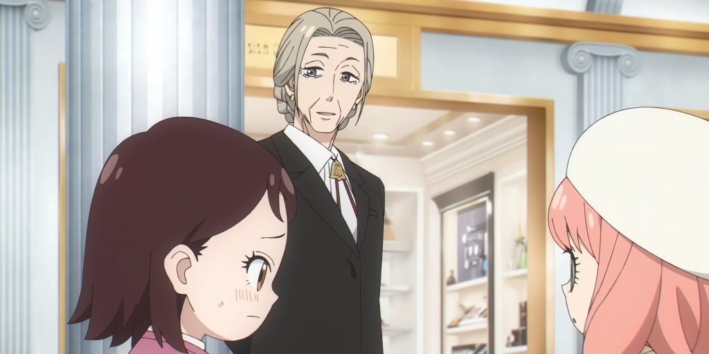 Spy x Family anime screenshot of Martha watching over Becky and Anya while they shop.