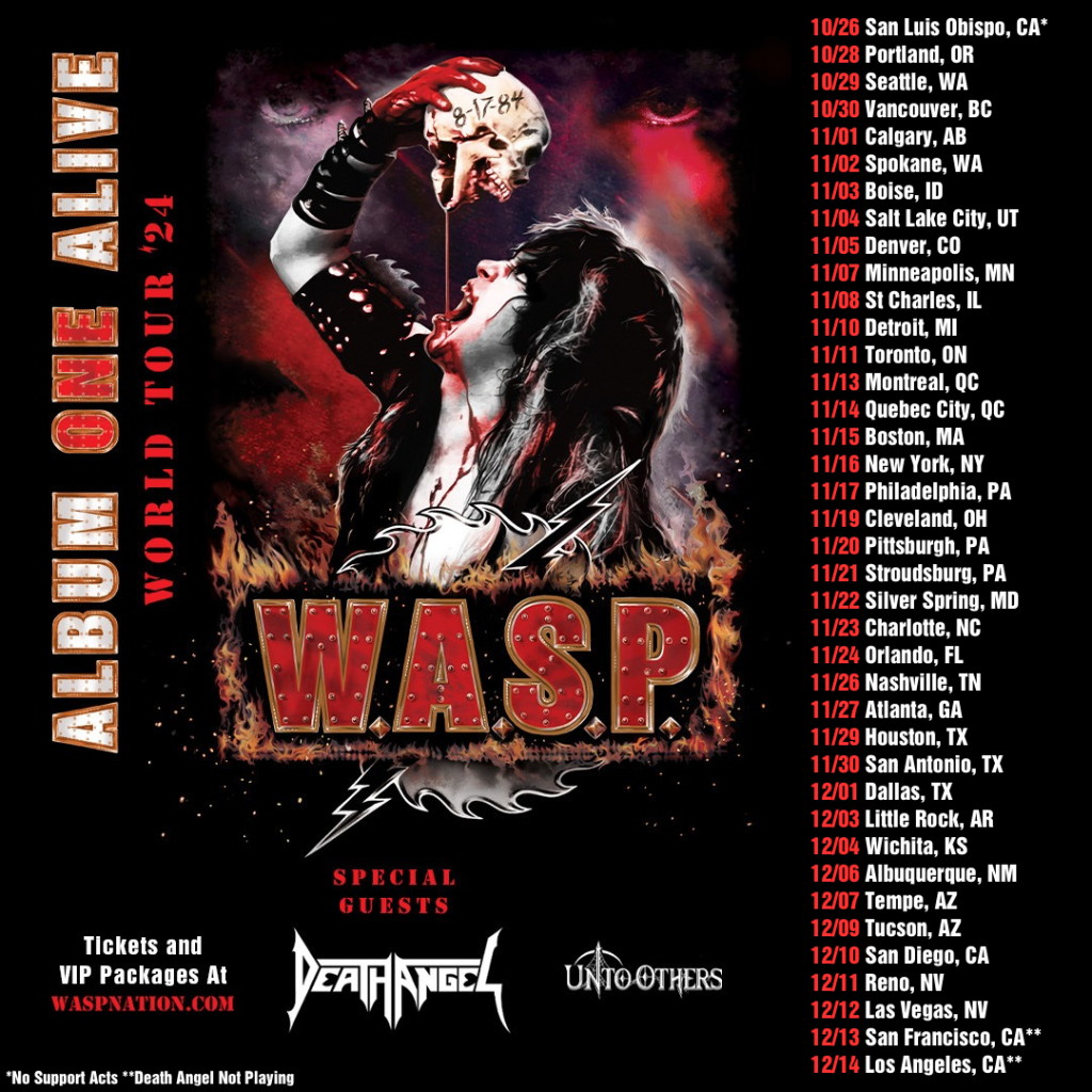 W.A.S.P. Album One Alive 2024 poster with Blackie Lawless drinking blood from a skull with '8-17-84' on it. 