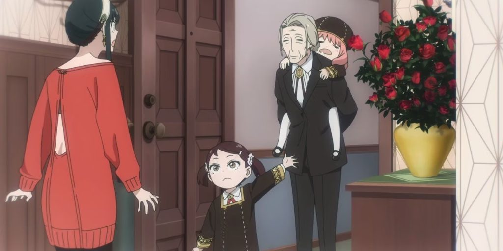 Spy x Family anime screenshot showing Martha carrying Anya into the Forger house, with Becky showing the way to a shocked Yor.