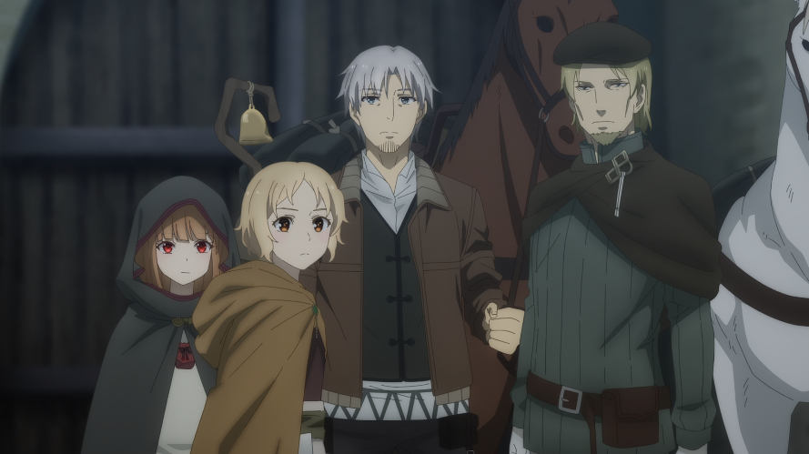 Spice and Wolf: MERCHANT MEETS THE WISE WOLF Ep. 11 "Forest of Wolves and Frigid Rain" screenshot showing Holo, Nora, Lawrence, and their Remerio contact as a group with their horses.