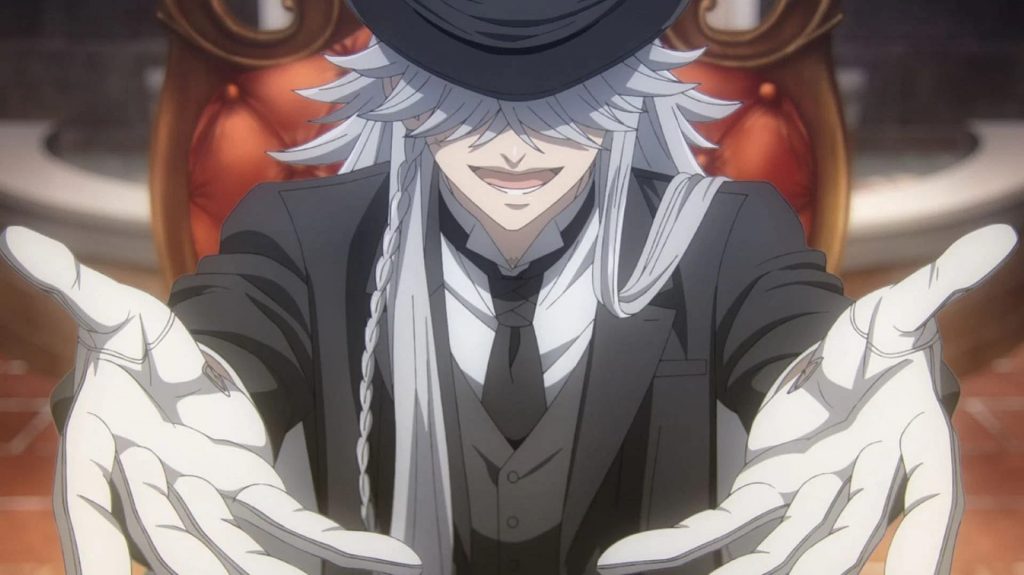 Black Butler -Public School Arc- Ep. 10 "His Butler, Assenting" screenshot showing the Undertaker with his arms spread wide.