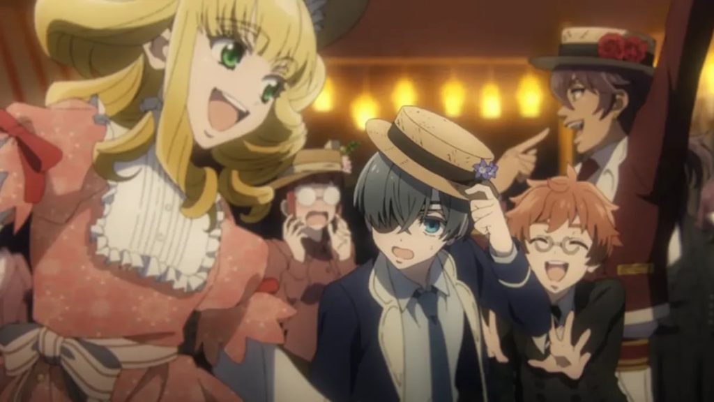 Black Butler -Public School Arc- Ep. 8 "His Butler, Locking Up" screenshot showing Lizzie dancing with Ciel at the post-cricket celebrations.