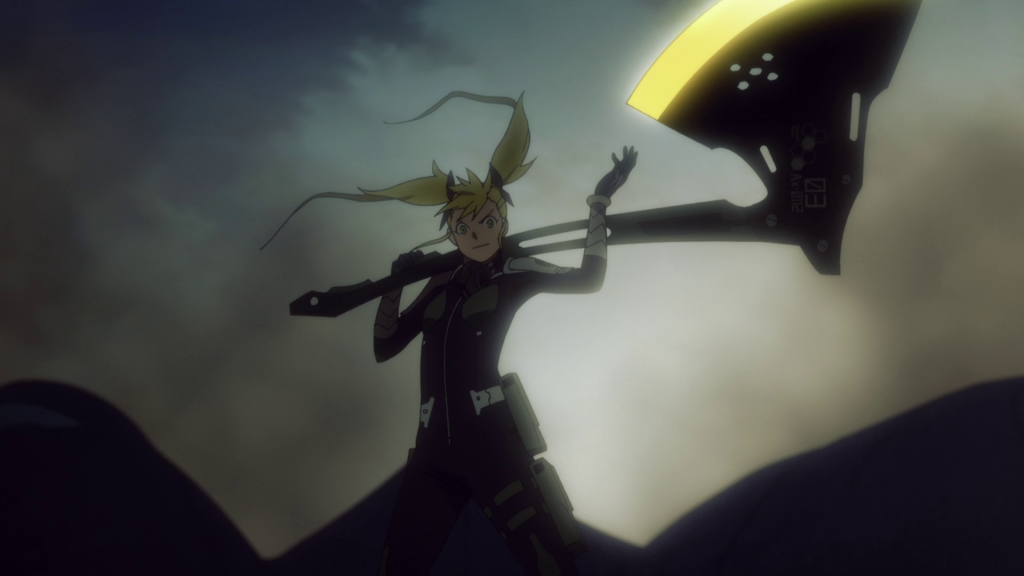 Kaiju No. 8 Ep. 9 "Raid on Tachikawa Base" screenshot showing Kikoru wielding her giant axe for the first time.