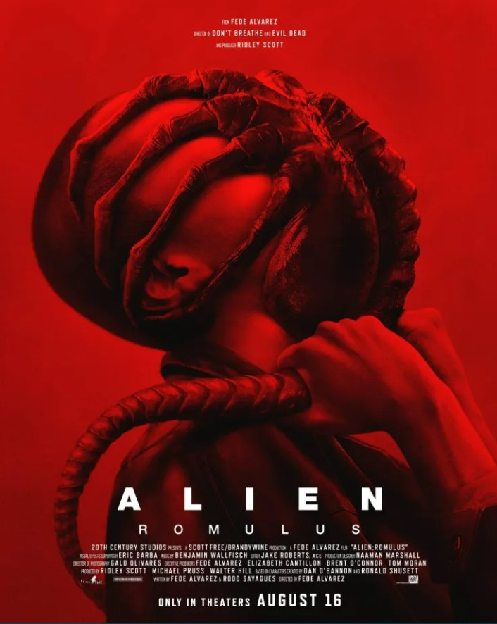 'Alien: Romulus' poster featuring a person struggling to remove a facehugger alien