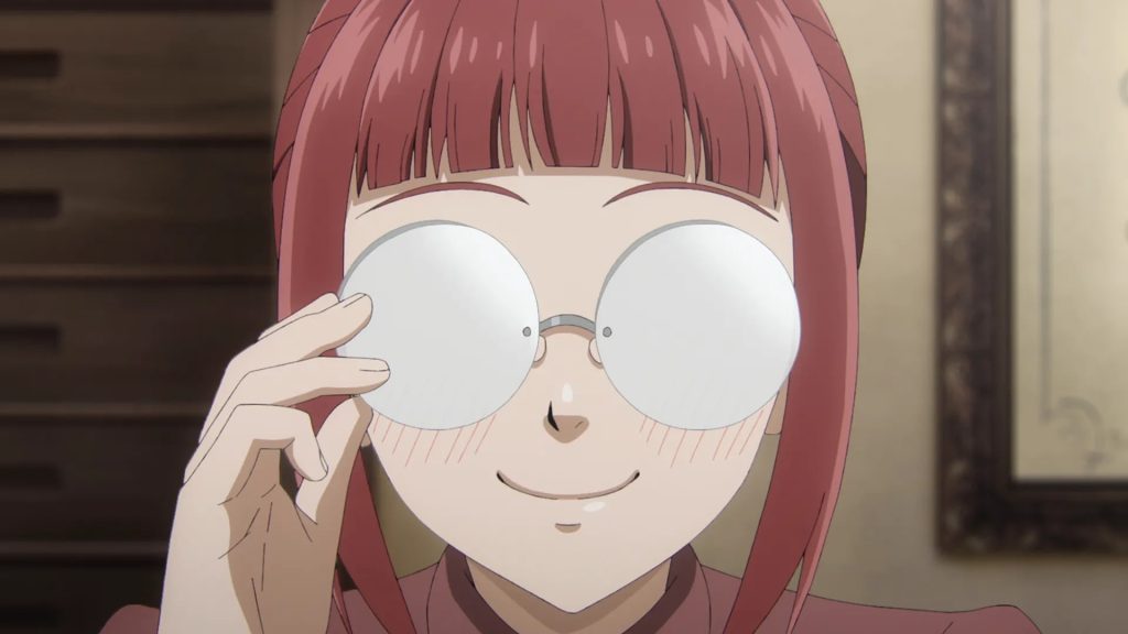 Black Butler -Public School Arc- Ep. 11 "His Butler, Taking Off" screenshot showing Mey-Rin admiring her new glasses.