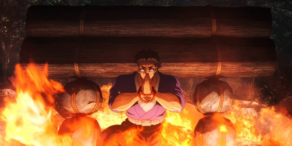 Demon Slayer: Kimetsu no Yaiba - Hashira Training Arc Ep. 6 "The Strongest of the Demon Slayer Corps" screenshot showing Gyomei praying in a bonfire.
