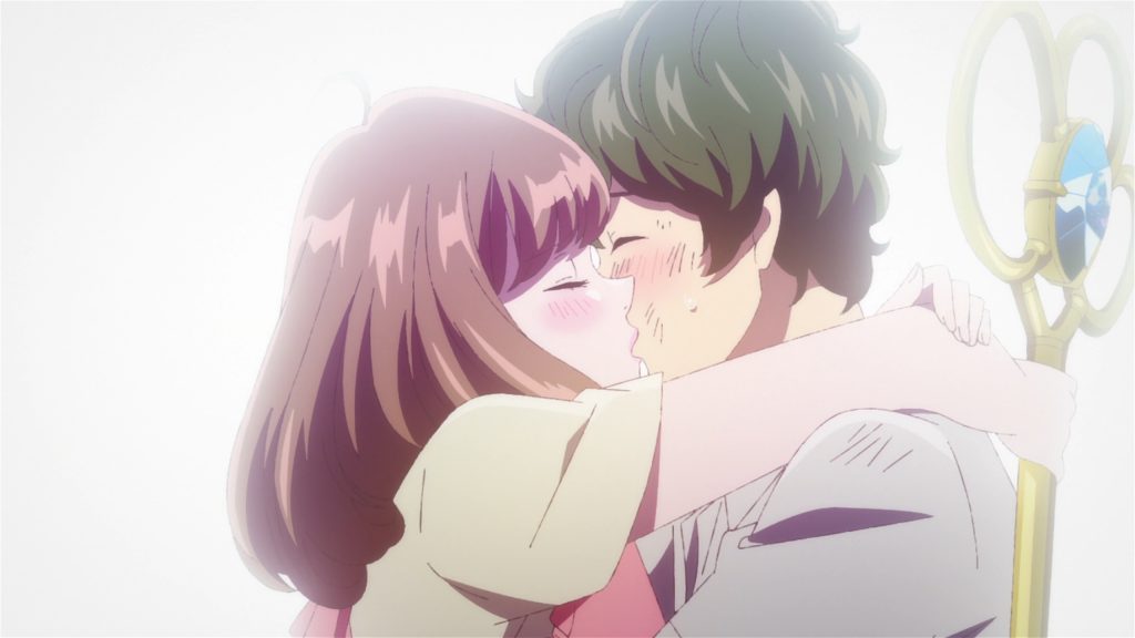 Astro Note Ep. 11 screenshot showing Mira and Takumi finally kissing at long last.