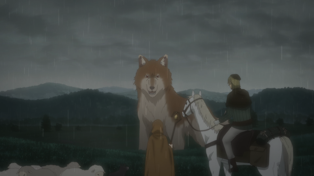 Spice and Wolf: MERCHANT MEETS THE WISE WOLF Ep. 12 "Price of Betrayal and Price of Gold" screenshot showing Nora and the Remerio guy staring at Holo in her wolf form.