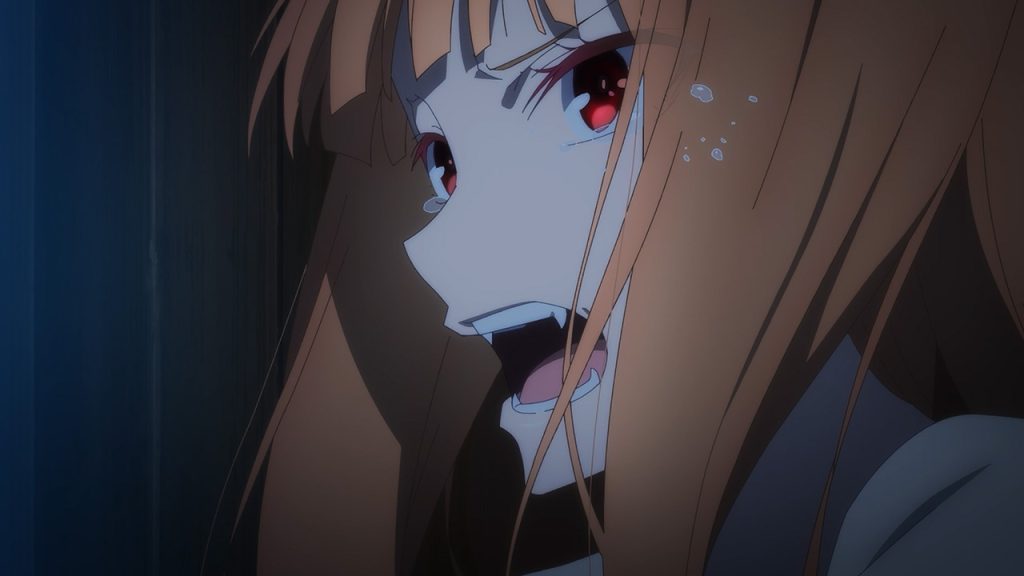 Spice and Wolf: MERCHANT MEETS THE WISE WOLF Ep. 16 "Night of the Festival and Misaligned Gear" screenshot showing Holo in tears.