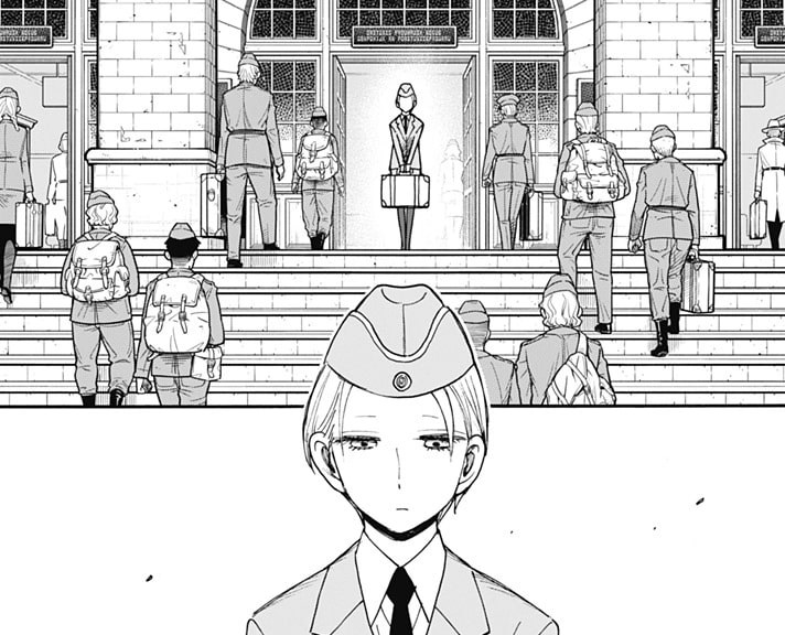 Spy x Family Ch. 99 / Mission 99 showing Martha waiting for Henry at the train station.