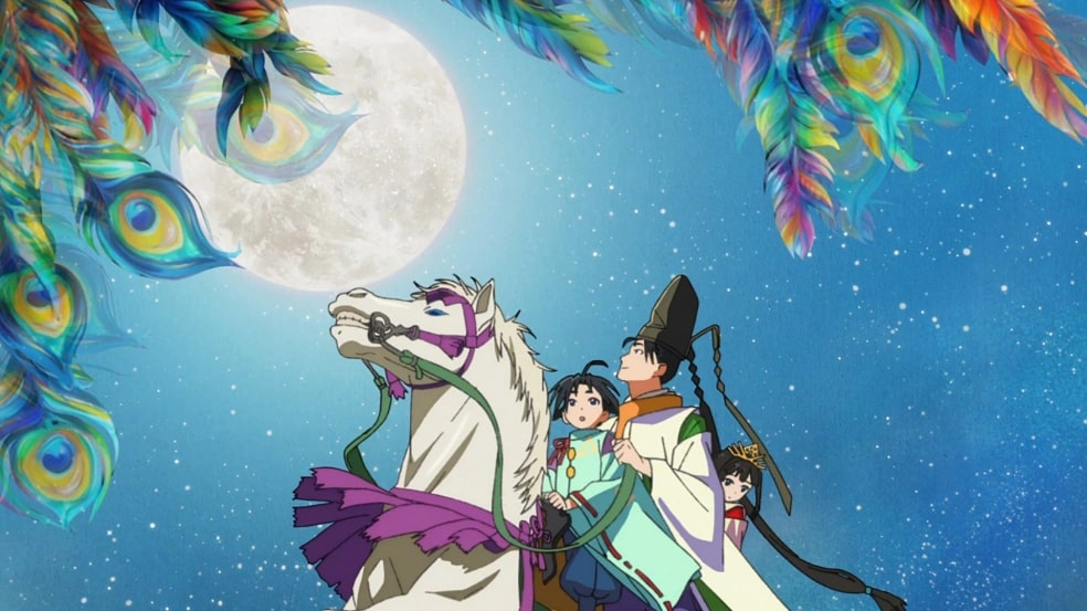The Elusive Samurai Ep. 1 "May 22nd" screenshot showing Hōjō, Suwa, and Shizuku riding away into the night on a white horse.