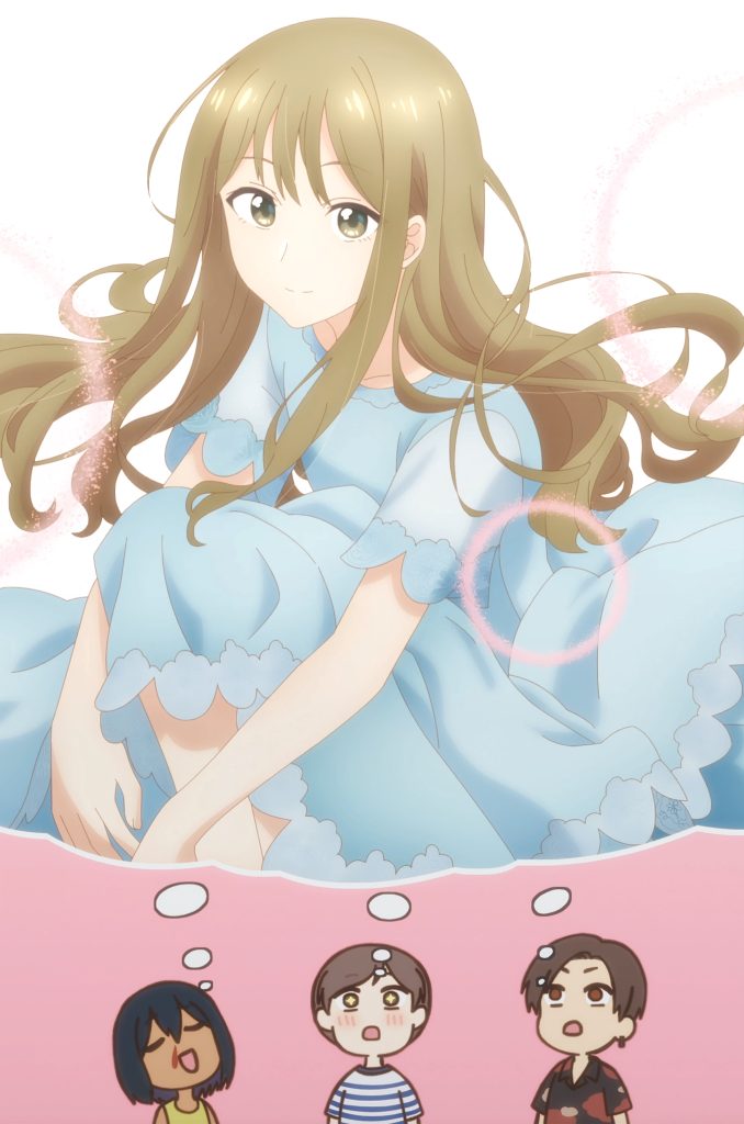 Senpai is an Otokonoko Ep. 2 "Cute Things Pilgrimage" screenshot showing Saki, Makoto, and Ryuji imagining Makoto in a blue dress.