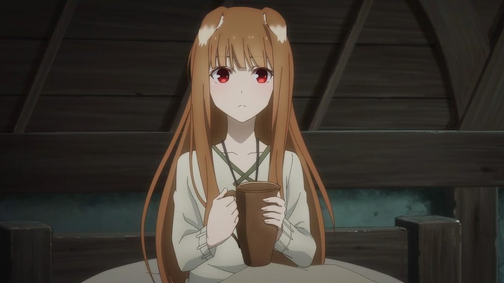 Spice and Wolf: MERCHANT MEETS THE WISE WOLF Ep. 13 "Supper of Three and Afternoon of Two" screenshot showing Holo in bed with a small jug of watered-down apple wine.