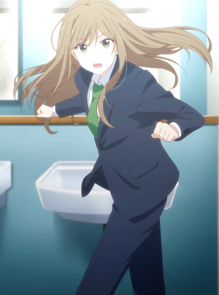 Senpai is an Otokonoko Ep. 3 "Goodbye, Me" screenshot showing Makoto in a suit, but with the wig on.