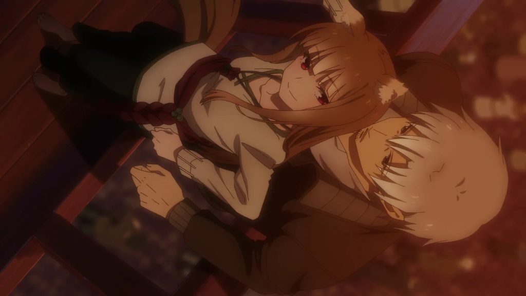 Spice and Wolf: MERCHANT MEETS THE WISE WOLF Ep. 19 "God's Unseen Hand and Wolf's Unseen Heart" screenshot showing Holo and Kraft reunited at long last.