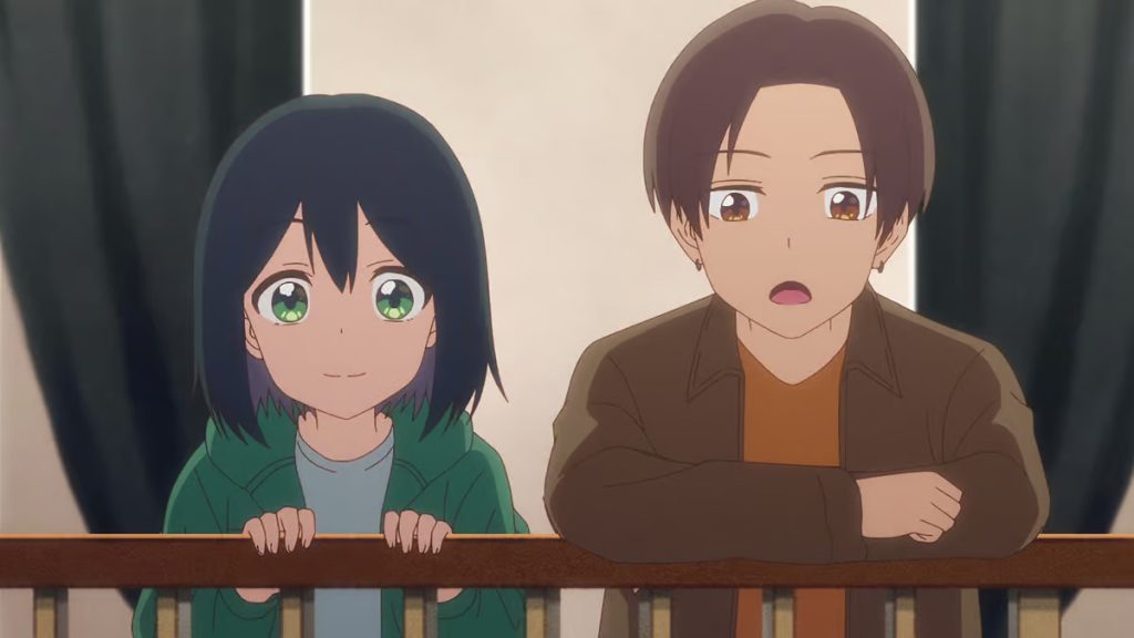 Senpai is an Otokonoko Ep. 5 "Special" screenshot showing Saki and Ryuji leaning on an upper gallery.