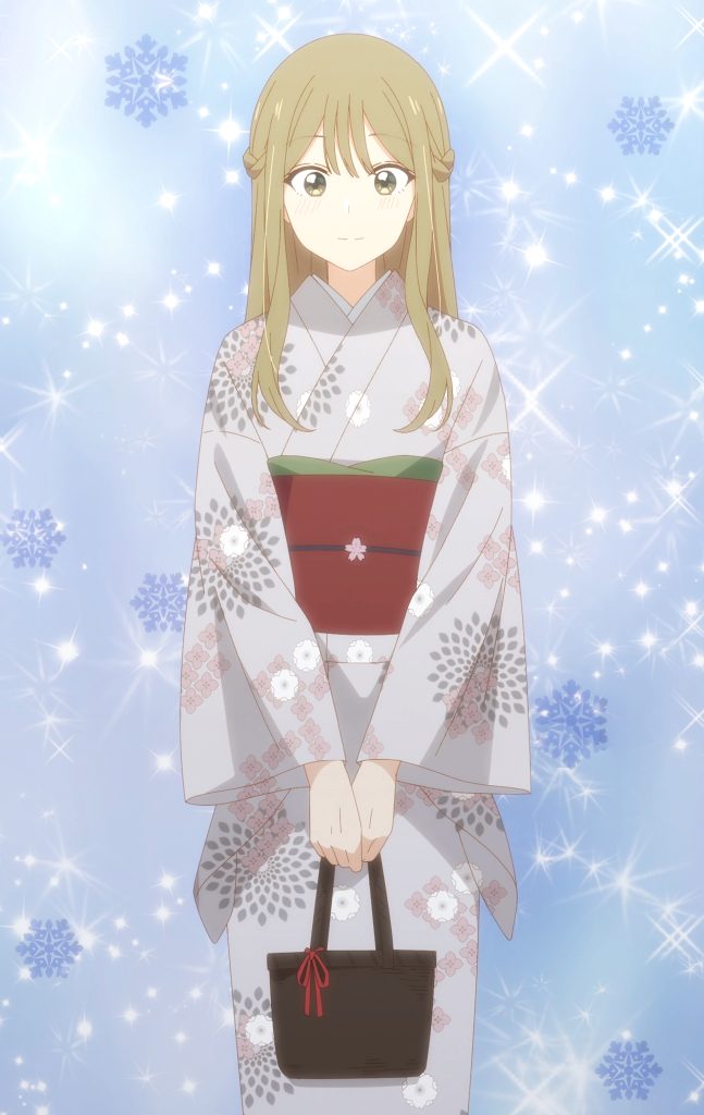 Senpai is an Otokonoko Ep. 11 "Used to Be Friends" screenshot showing Makoto in a winter-themed kimono.