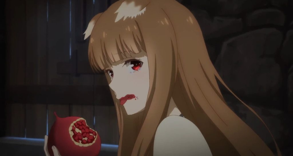 Spice and Wolf: MERCHANT MEETS THE WISE WOLF Ep. 21 "Pagan Village and Priest's Contract" screenshot showing Holo biting into a fruit that resembles a pomegranate.