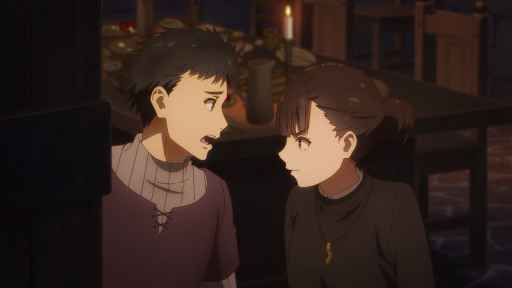 Spice and Wolf: MERCHANT MEETS THE WISE WOLF Ep. 22 "Church Teachings and Memories of Father" screenshot showing Gyoam and Elsa arguing with each other.